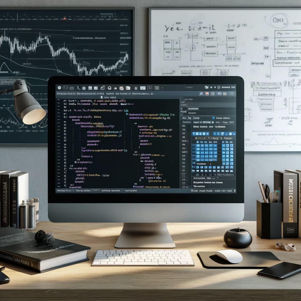 Modern workspace with a desktop computer showing cTrader's IDE with code. Technical books and documentation related to algorithmic trading and .NET SDK are around. Background has whiteboards with flowcharts and strategy diagrams. The room is well-lit with natural light from a large window.