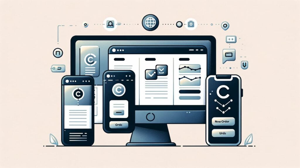 a desktop computer with a 'New Order' window and a mobile phone with an 'Order Creation' screen from the cTrader app.